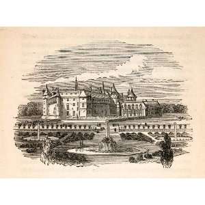 1855 Wood Engraving Chateau Chantilly Nuit Feu Castle Trophee Rois 