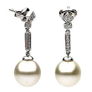  18kt White Gold South Seas Pearl and Diamond Drop Earrings 