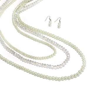  Long Layered Pearl Necklace Set; 44L; Cream Pearls; Clear 