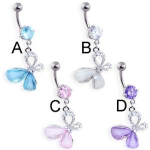   Navel ring with dangling multi gem sideways butterfly, clear Jewelry