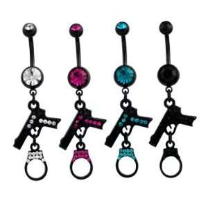 Black Gun with Fuchsia Colored Stones Dangle Belly Ring   14g (1.6mm 