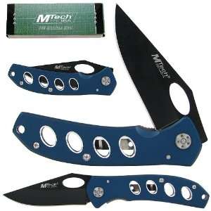 New Trademark Trademark Blue Aluminum Aerated Tactical Knife w/ Belt 