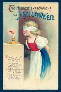 B7988 Clapsaddle postcard, Halloween, Blindfolded girl,  