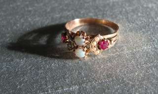   Gold Victorian Edwardian Opal , Ruby, and Pearl Ring 14 kt 8  
