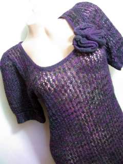 KENSIE Purple JUNIORS 11/13 LARGE Lacy Crochet Knit Rose Long Tunic 