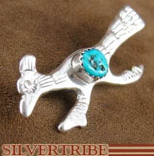 Navajo Indian Turquoise Sterling Silver Roadrunner Pin  