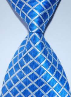 New Classic Check Blue White JACQUARD WOVEN Silk Mens Tie Necktie 