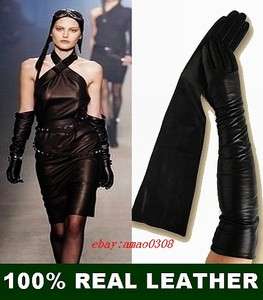 50CM(19.5 inches)WOMEN BLACK REAL SHEEPSKIN LEATHER LONG OPERA GLOVES 