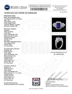 14000 CERTIFIED 18K WHITE GOLD 2.50CT SAPPHIRE .85CT DIAMOND RING 