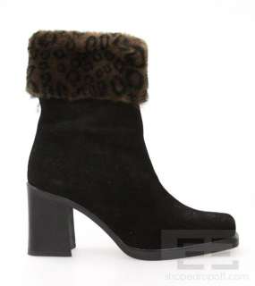 La Canadienne Black Suede & Leopard Print Faux Fur Trim Ankle Boots 