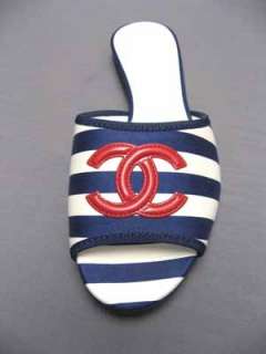 Red CC Logo Blue Wht Stripe Chanel Slide Flats 38.5  