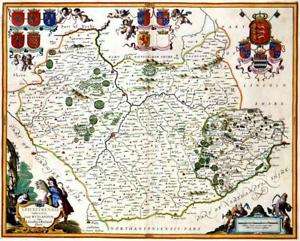 1645 Map Leicestershire England Janssonius Cartouche  
