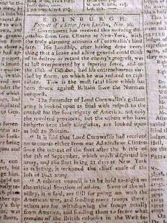 1781 Revolutionary War newspaper BATTLE of YORKTOWN Cornwallis 