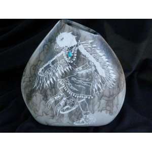   Acoma Horse Hair Pottery Vase 7x8  Eagle Dancer (110)