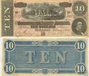 1864 $10 CONFEDERATE STATES CIVIL WAR CURRENCY NOTE  