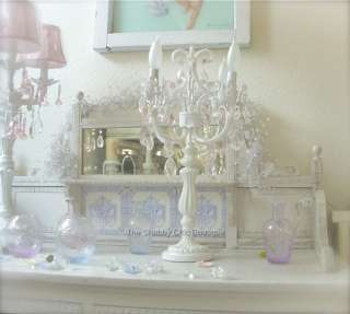 Shabby Vintage White Candelabra French Buffet Lamp Pink Crystal Prisms 