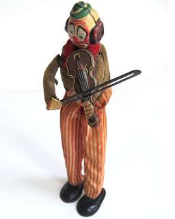 Working Tin Mechanical Wind Up Clown Happy The Violinist Vintage 1950s 