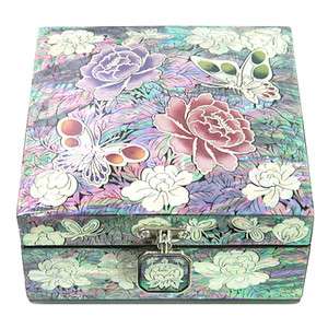   Korean Mother of Pearl Square Jewelry Box  1 story butterfly  