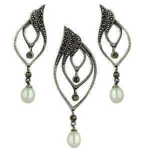   Pearls Dangles under Marcasite Pave Marquise Earrings and Pendant Set
