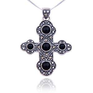    Sterling Silver Marcasite and Onyx Cross Pendant, 18 Jewelry
