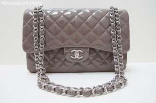 GORGEOUS 2011A CHANEL PATENT LEATHER JUMBO GREY / TAUPE CLASSIC FLAP 