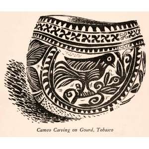 com 1929 Wood Engraving Carving Gourd Art Tobasco Mexico Bird Pattern 