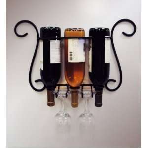 Wire Black Bottle and Wine Glass Rack Holder Three Wall 