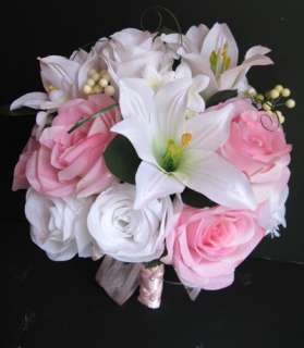 Wedding Bouquet Bridal Silk flowers PINK WHITE LILY 17 pc centerpieces 