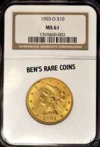 1903 O $10 MS61 GOLD LIBERTY EAGLE 1/2 oz. NGC COIN  