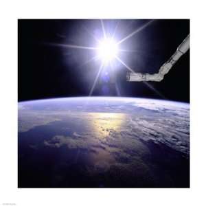  Robot Arm Over Earth with Sunburst Poster (12.00 x 12.00 