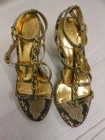 Coach  Gold Python Chain Strappy Wooden Stacked Heel Shoes 7 