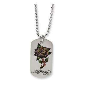    Stainless Steel Ed Hardy Painted Rose Dog Tag 24 Necklace Jewelry