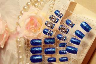 24Pcs Japanese Noble Design 3D Fake Nail Art Tips Glitter Sapphire 