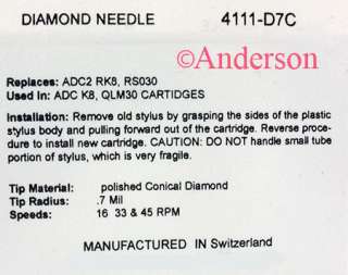 4111 D7C Stylus Needle ADC RK8, RSQ30 QLM30 Pfanstiehl  
