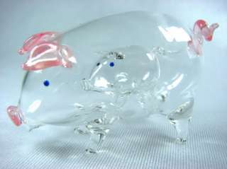 Figurine Animal Hand Blown Glass Pink Pig and Baby Pig  