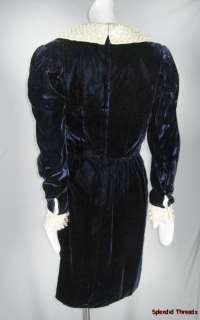 Vtg 80s Victor Costa Beaded Blue Velvet Party Dress M  