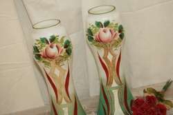 Set Antique Hand Painted Bristol Glass Vases Wine Roses  
