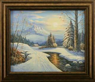 Mountain River Winter Landscape Art FRAMED OIL PAINTING  