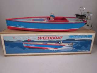 Wind Up Tin boat vtg style toy Speedboat Outboard Motor  