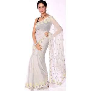  Gray Hand Embroidered Chikan Sari from Lucknow   Pure 