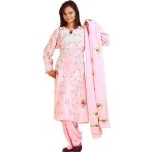    Pink Salwar Kameez with Floral Lukhnavi Chikan Embroidery   Cotton