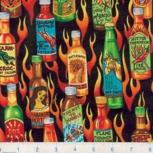  45 Wide Salsa Picante Hot Sauce Black Fabric By The Yard 