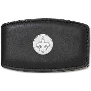  Orleans Saints Sterling Silver Oval Logo on Black Leather Money Clip 