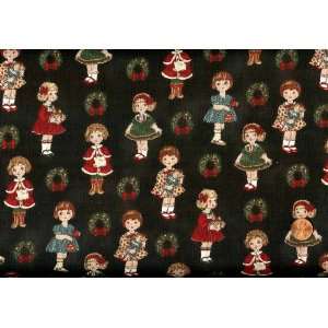  Windham Christmas Mini Paper Dolls on Black Fabric By the 