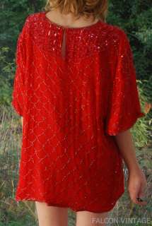 Vtg 80s Scarlet Sequin Beaded Scales Slouchy Cropped Silk Blouse Top 