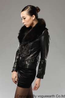 9105 new real fox collar leather&mink fur black/brown jacket/coat 