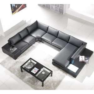  Black Leather Sectional Sofa with Built in Light