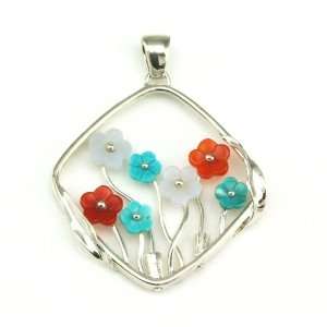  Turquoise, Blue Lace Agate and Red Agate Flower Sterling 