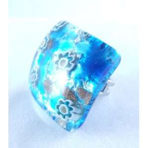  Blue Silver Curved Venetian Murano Glass Adjustable Ring Jewelry