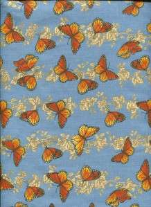 ORANGE MONARCH BUTTERFLIES ON BLUE Cotton Quilt Fabric  